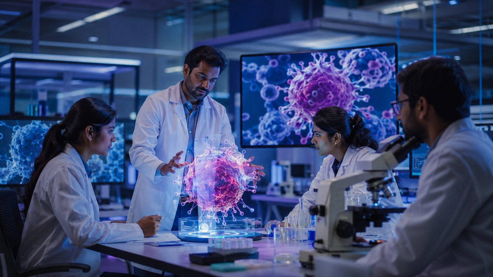 Delhi University Zoology 3D imaging facility - scientists examining holographic 3D tumor cell visualization - IT Samachar